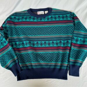 Vintage Palermo Knit Crew Neck Sweater Size M Teal Blue Red Geometric